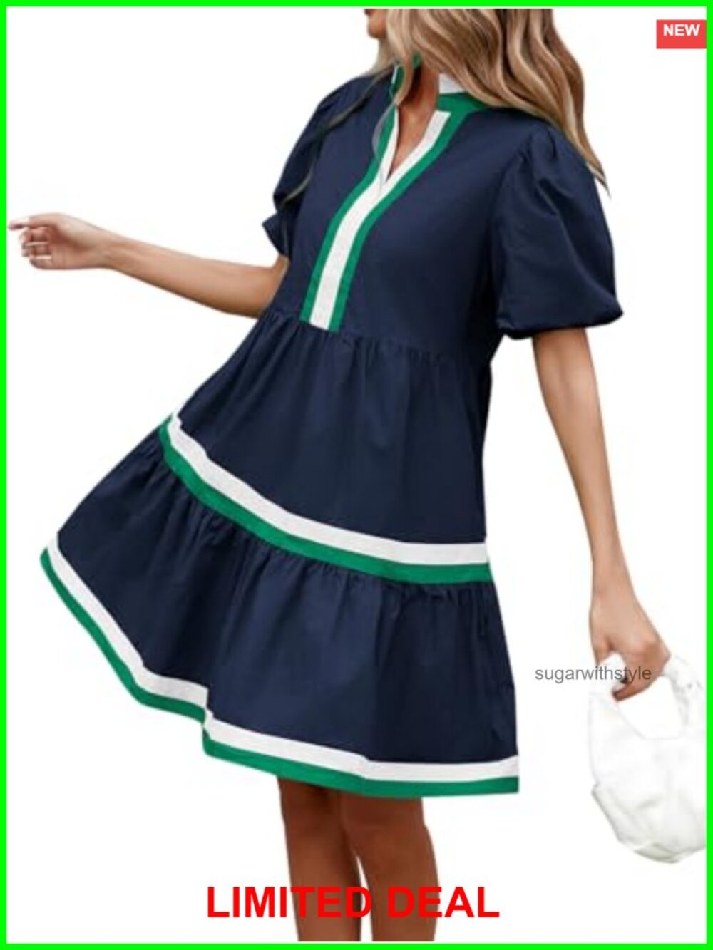 Womens Puff Sleeve Babydoll Mini Dress V Neck Tiered A-Line Cotton